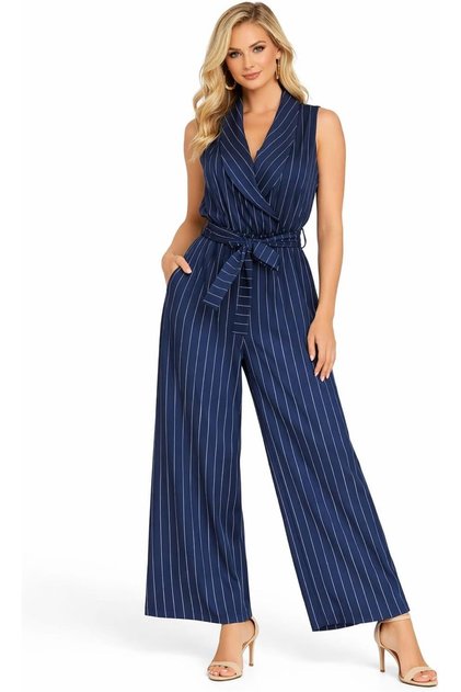 Women’s Elegant Striped Jumpsuit – Sleeveless Belted Wide Leg One Piece