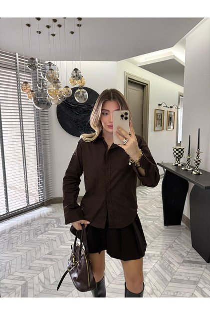 Kahverengi Vatkalı Basic Gömlek-37100