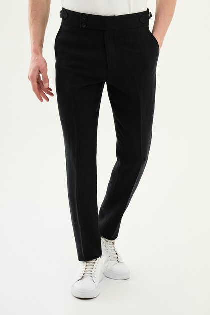 Straight Slim Fit Belt Buckled 100% Linen Men's Trousers Black - 38352.26Y