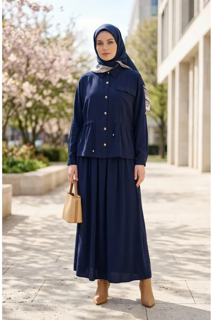 Buttoned Drawstring Waist Double Suit 0247-01 Navy Blue