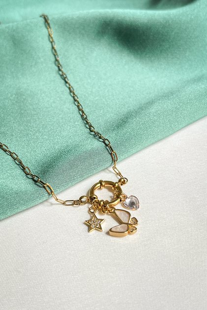 Transformation & Love & Luck Butterfly Heart and Star Figured Sailor's Anchor Steel Manifest Necklace