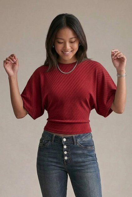 WONSA Slim Fit Waist-Fitted Wide-Sleeve Natural Viscose Blend Diagonal Jacquard Top & Women's Blouse - Burgundy