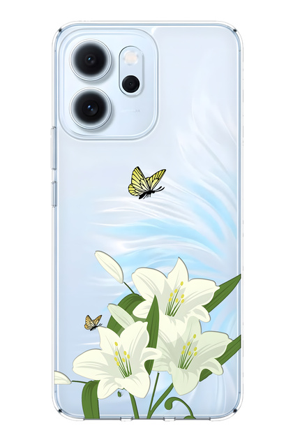 Oppo Reno 14F Compatible White Lily Patterned Transparent Phone Case