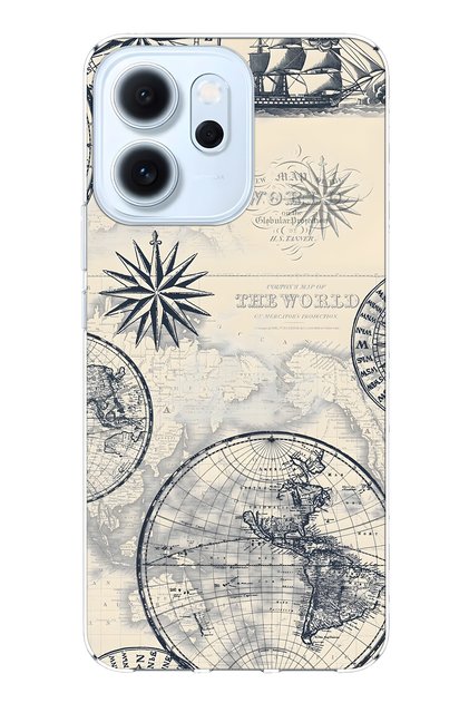 Oppo Reno 14F Compatible World Map and Compass Patterned Transparent Phone Case