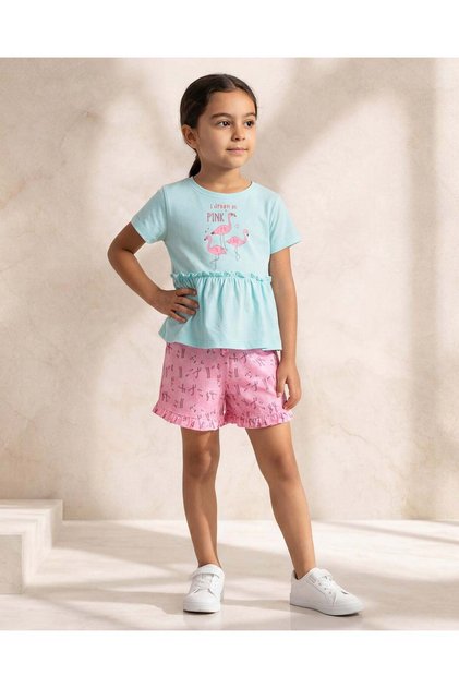 Girls Green Flamingo Embellished Pyjama Set
