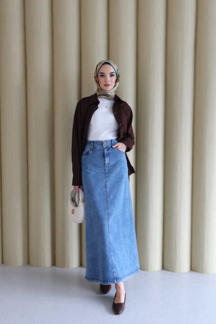 2254-Denim Klasik Etek Koyu Mavi