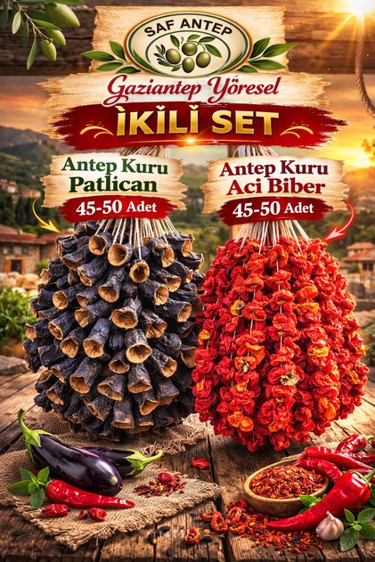 Saf Antep 2Li Set Kurutma Patlican Kurutma Aci Biber 90 100 adet Güneşte Kurutulmuş