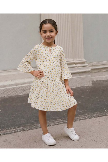 Girls White Printed Sun Dress