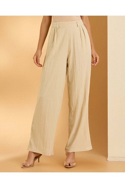 Women Beige Plain Casual Trousers