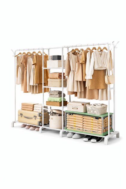 4 Rail Clothing Rack Heavy Duty Double Row with 4 Tier Center Shelves & Bottom Storage