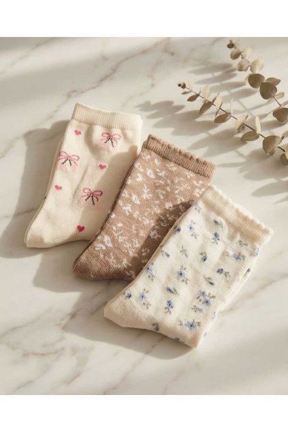 Socket Socks Floral Print 3 Pairs Stitch-Free