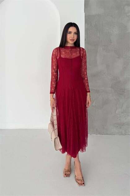 Dipmoda Women's Burgundy Midi Length Sheer Detailed Lined Lace Dress  Dpk080- Trendyol