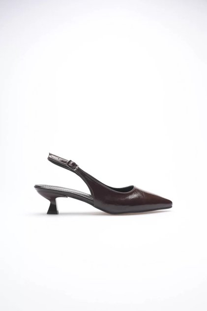 Women's Bitter Brown Wrinkled Patent Leather Pointed Toe Slingback Short Heeled Shoes Tr20Ms04D