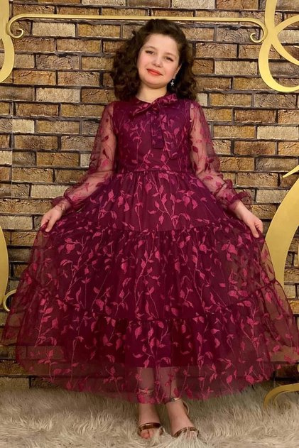 Girl's Purple Dress with Transparent Sleeves and Collar, Tulle Pieces and Leaf Detail