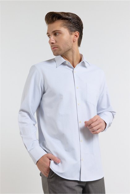 White Self-Patterned Hard Collar Long Sleeve Pocketed Comfort Fit Cotton Shirt 1004255226