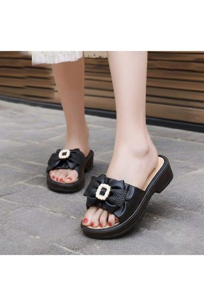 Solid Elegant Bow Detail Slide Sandals for Women