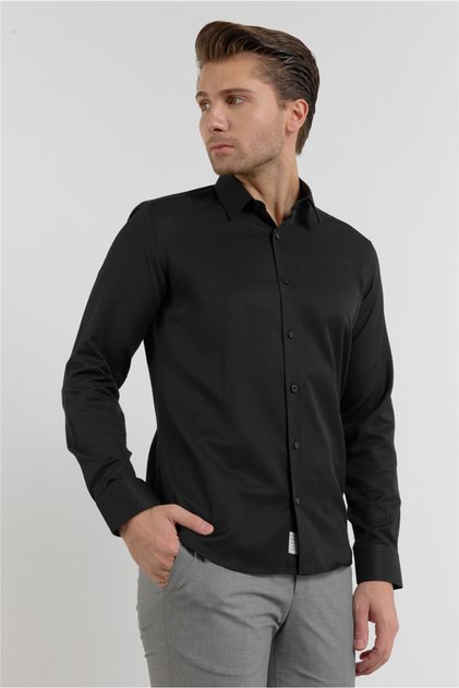 Black Textured Hard Collar Long Sleeve Pocketless Slim Fit Cotton Shirt 1004255283