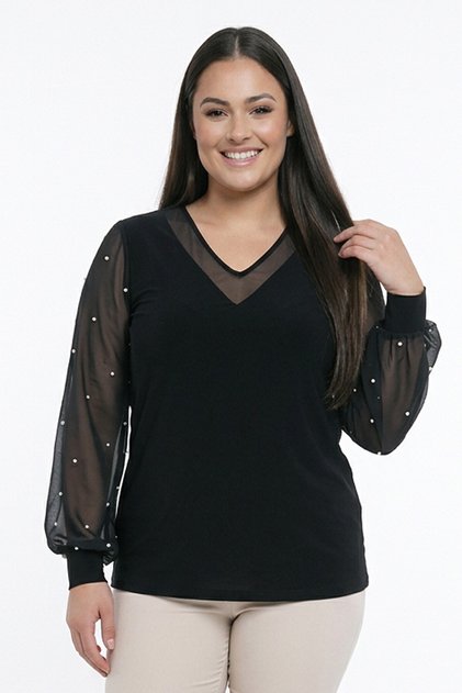 Women's V-Neck Sleeve Chiffon Spreader Pearl L Stretch Fabric Blouse