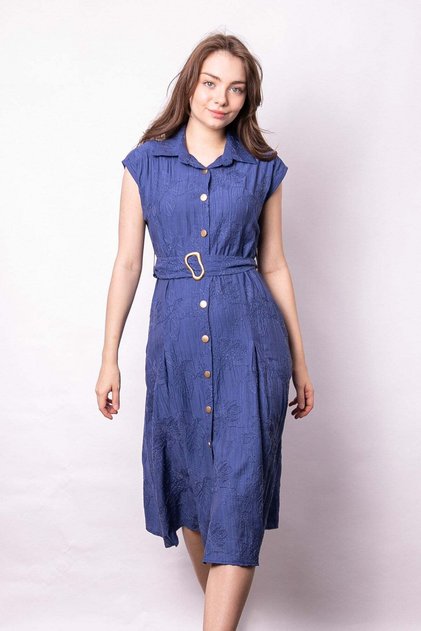 Women's Embroidered Collar Dress Drop-Shoulder Pocketed Pili Melton Li Midi Length Below Knee Belt Li Dress-Indigo