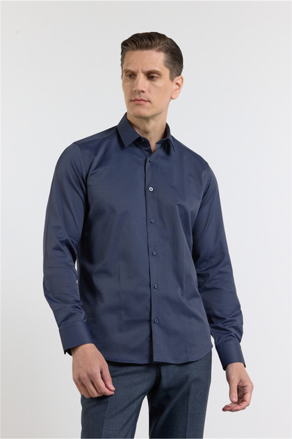 Navy Blue Hard Collar Long Sleeve Pocketless Slim Fit Cotton Shirt 1004255228