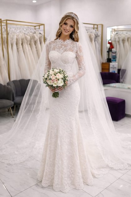Elara Bride Fransız Danteli İnci Detaylı Balık Model Gelinlik