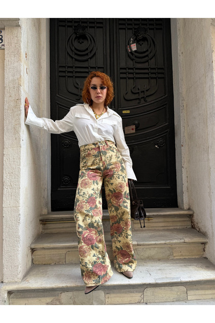 Premium Soluk Efekt Floral Print Denim High Waist Wide Leg Trousers