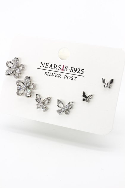 Set of Six Flower Butterfly Earrings with Zircon Stones