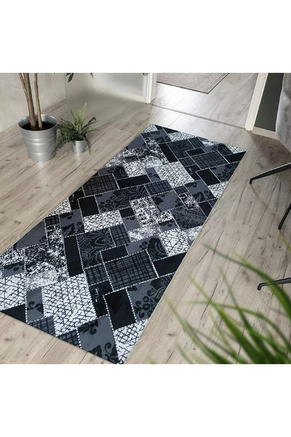 Covor Antiderapant Negru, Poliester, Geometric