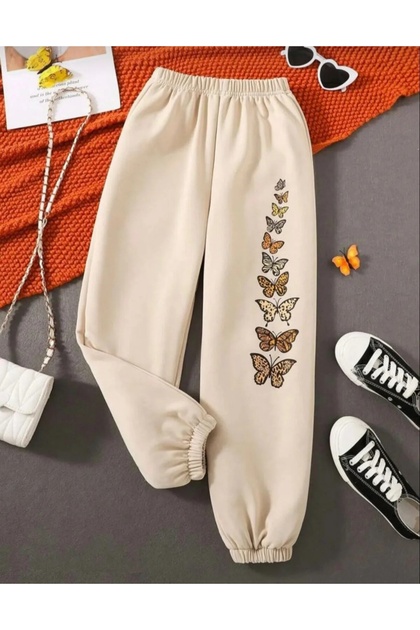 Winter Butterflies Printed Girls' Bottom Tracksuit Beige