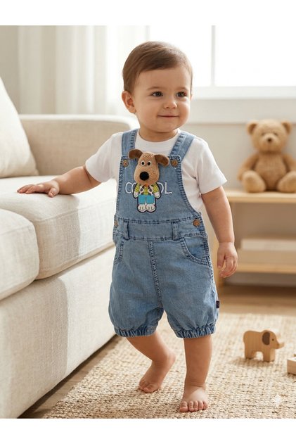 Kids Baby Plush Dog Detailed Denim Salopet and White T-Shirt 2-Piece Set - Cool Embroidered 100% Cotton