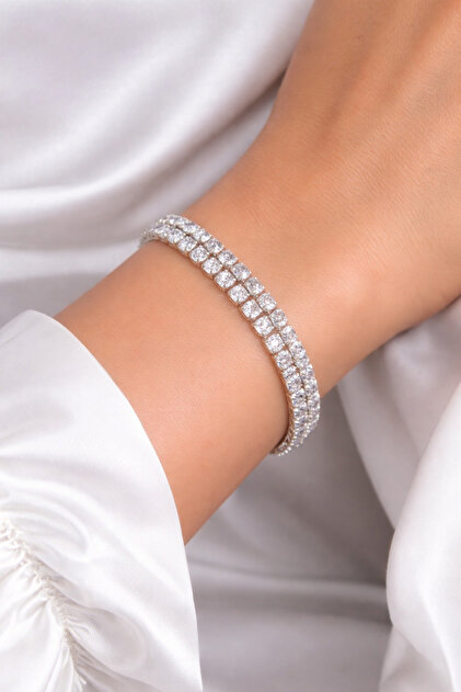 Zircon Stone Double Row Square Model Silver Color Elevator Bracelet
