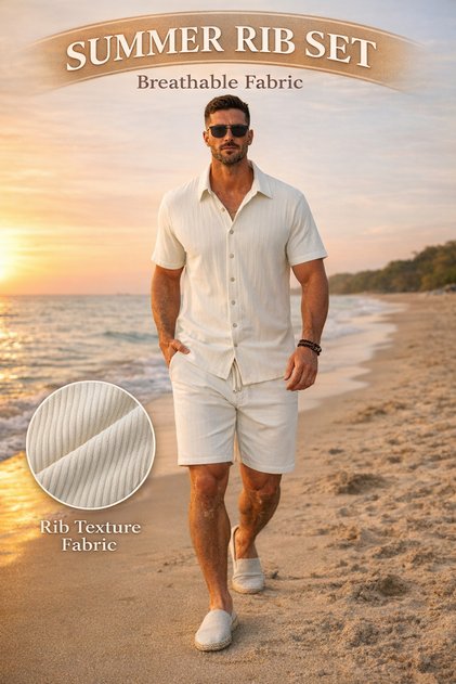 Rib Corded Fabric Fabric Shirt and Shorts Set – Stylish and Comfortable Summer Combination