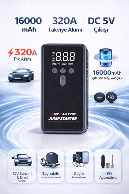 beemen 16000 mAh Araç Akü Takviye Cihazı Hava Kompresörü Powerbank