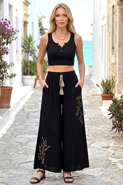 Women's Black Wide-Leg Viscose Trousers with Elastic Waist and Embroidery Detail