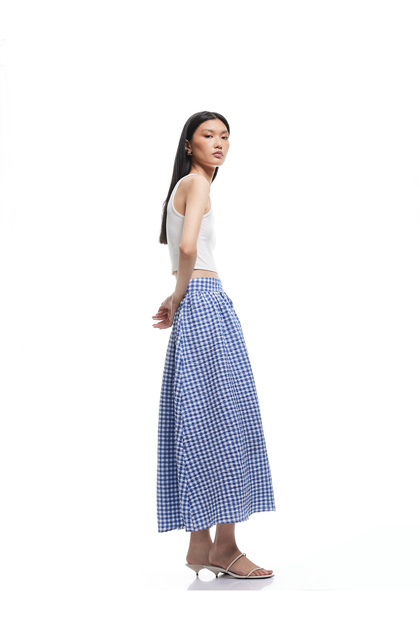 Fustă lungă evazată cu buzunare și imprimeu Gingham, croială lejeră
