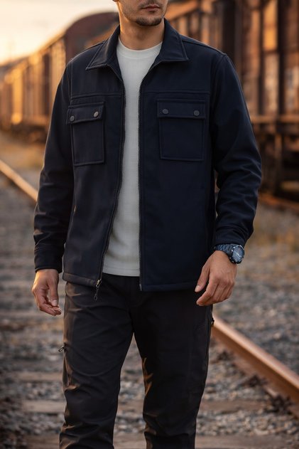 Men's Dark Navy Blue Softshell Jacket Slim Fit Zippered Pocket Detailed Transitional
