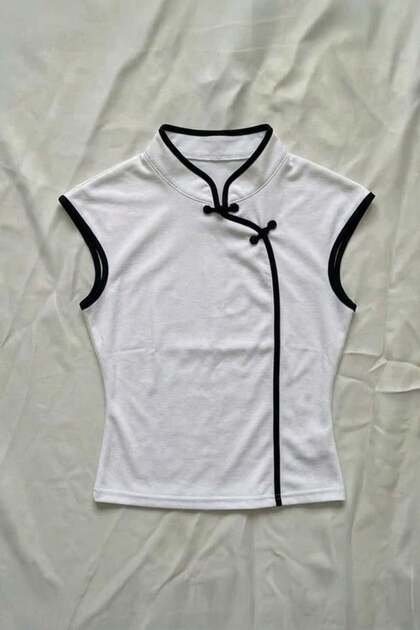 Basic China Style Mandarin Collar Stripe Detail Plain Short Sleeve Blouse