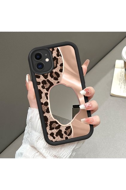 iPhone 12 Uyumlu Yüksek Kaliteli Leopar Desenli Aynalı Kılıf, Silikon