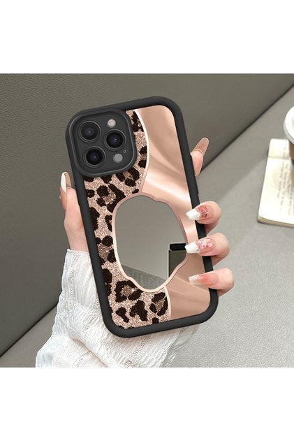 iPhone 15 Pro Max Uyumlu Yüksek Kaliteli Leopar Desenli Aynalı Kılıf, Silikon