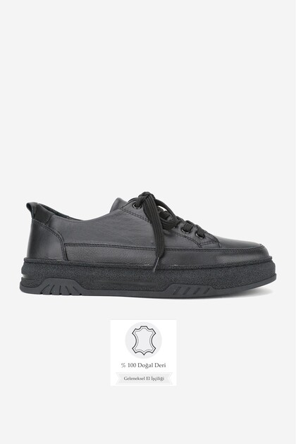 Women's Black Genuine Natural Leather Size 36-41 Lace-Up Sneaker Shoes