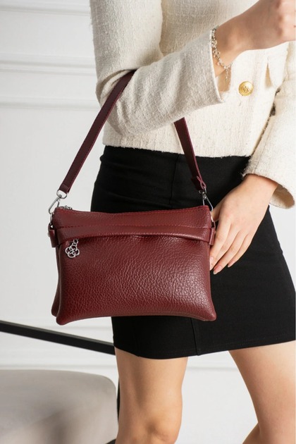 Women's Burgundy 7-Compartment Crossbody Leather Shoulder Bag — Multi-Compartment Zippered Daily Use Hand and Shoulder Bag
