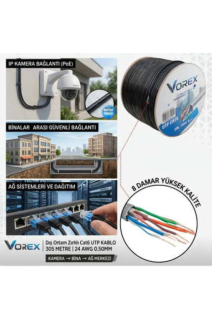 VOREX Cat6 UTP 305 Metre Zırhlı Dış Ortam Ethernet Ağ Kablosu - 24