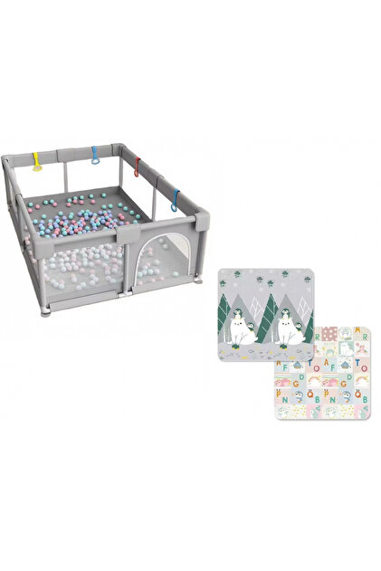 Tarc de joaca pentru copii Grey, 180 x 200 x 67cm, cadrul metalic, pereti din plasa, acces