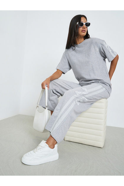 Grey Lace Detail Wide Leg Joggers