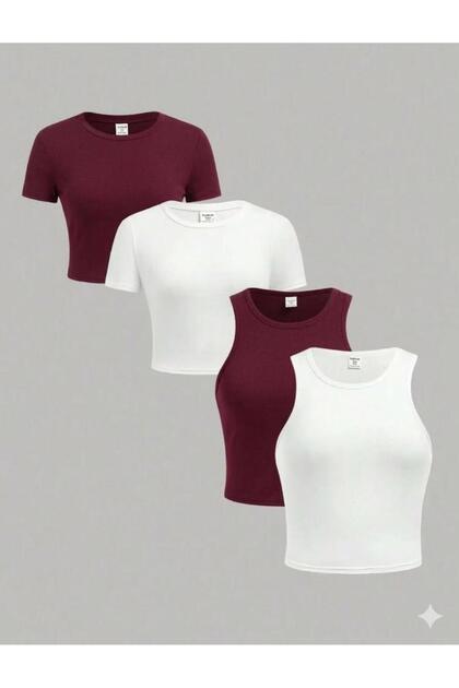 Women's 4-Pack Corded Fabric Ribbed Knit Cotton Pack Body-Fitting Crew Neck T-Shirt-Tank Top Set C Cropped Blouse