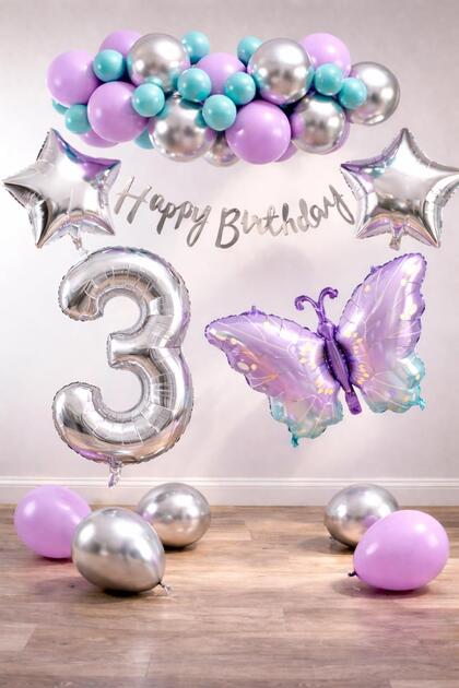 Lilac Butterfly Themed 3Rd Birthday Balloon Decoration Set – Lilac Silver Party Decoration Set