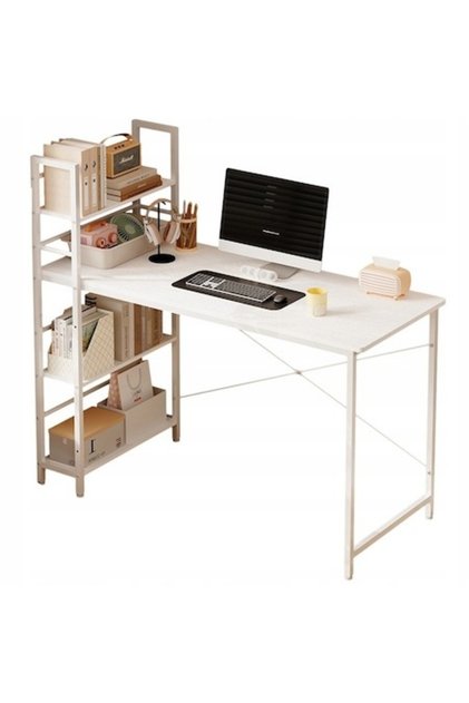 Birou de calculator, stil Loft, alb, cu bibliotecă și rafturi, 120 cm