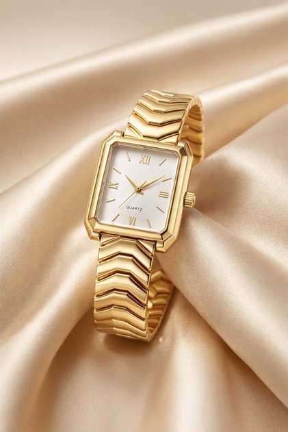 Beige Gold Color Special Design Cord Rectangular Dial Lux Premium Women's Wristwatch
