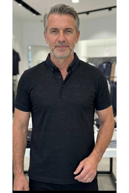 Buttoned Collar Self-Deigned Patterned Por Model Pocketless Men's T-Shirt