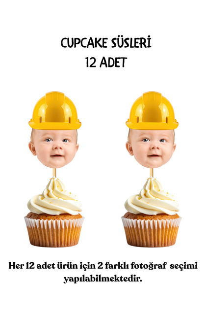 12 Adet Kişiye Özel Fotoğraflı İnşaat Meslek Temalı Konsept Doğum Günü Cupcake Süsü Seti Kürdan Süsü
